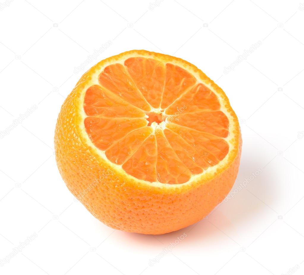 Half orange fruit on white background, fresh and juicy