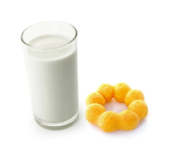 Glass of milk and donut isolated on white background — Stock Photo, Image