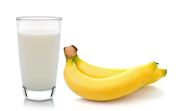 Glass of milk  with  banana over white background — Stock Photo, Image