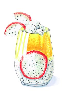 Ejderha meyveli, portakal suyu ve dondurmalı bir meyve tatlısı taslağı. Beyaz arkaplanda izole.