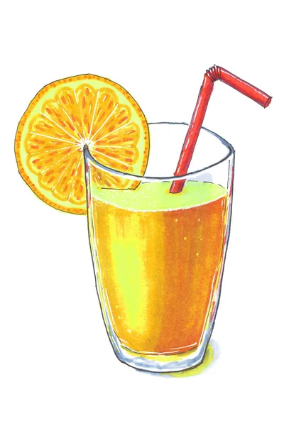 Sketch Glass Orange Juice Slice Orange Hangs Glass Red Tube — Stock Photo, Image