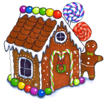 Karamelli ve karamelli şekerle süslenmiş zencefilli kek evi. Yakınlarda zencefilli ekmek satan bir adam var..