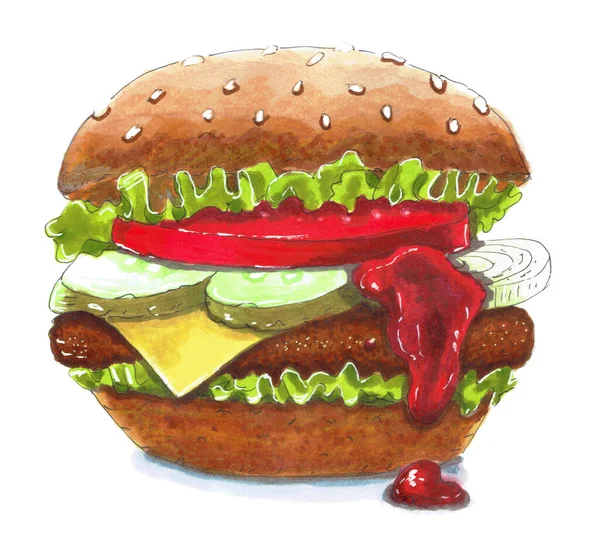 Schizzo Hamburger Con Cotoletta Carne Sottaceti Pomodoro Formaggio Ketchup Isolato — Foto Stock