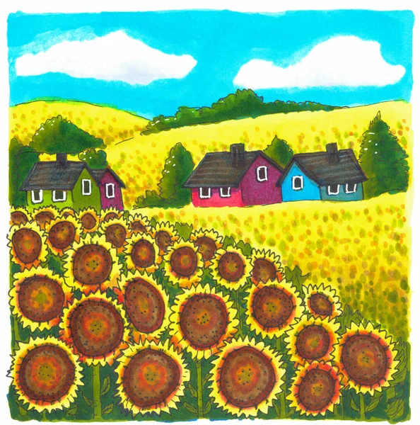 A sketch of an autumn village landscape with a field of sunflowers in the foreground and village houses in the background. Blue sky and white clouds.