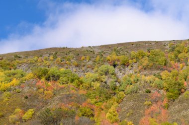 Sonbahar dağ manzarası. Yamaçlar sarımsı kuru otlar ve büyük kayalarla kaplıdır. Tepedeki parlak mavi gökyüzü.