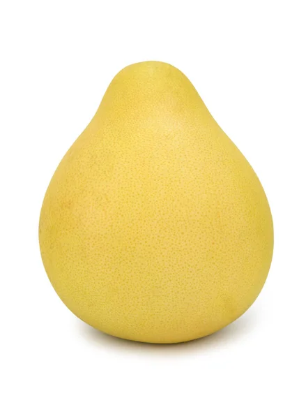 Zralé Ovoce Pomelo Žlutou Skvrnitou Slupkou Stojící Vzpřímeně Izolováno Bílém — Stock fotografie
