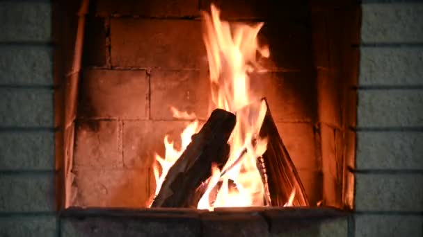 Firewood Burns Bright Flame Fireplace Made Bricks — Stock Video