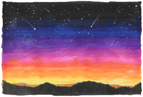 Gün Batımında Yıldızlı Gökyüzünün Çizimi Takımyıldızları Kayan Yıldızlar Ile Dağ - Stok İmaj