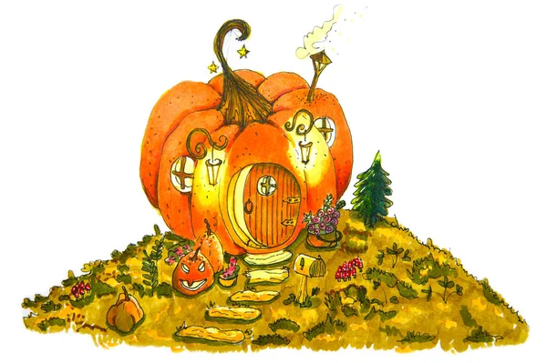 Boceto Una Fabulosa Casa Calabazas Una Colina Dibujo Para Halloween Imagen De Stock