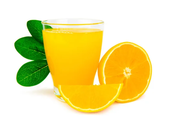 Glass Orange Juice Next Half Orange Wedge Wedge Green Leaves — Stock Photo, Image