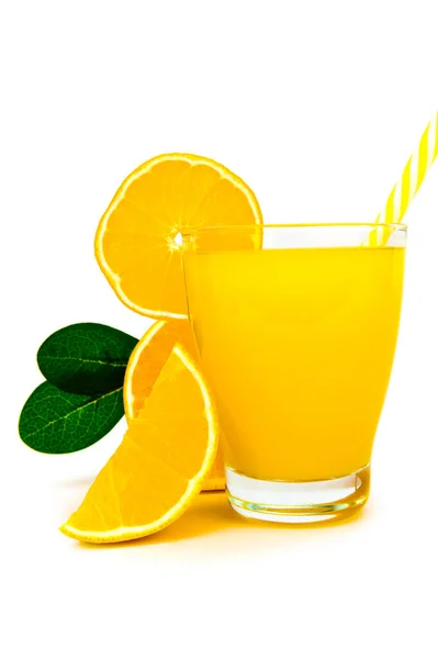 Glass Orange Juice Straw Next Orange Half Wedge Green Leaves — Stock Photo, Image