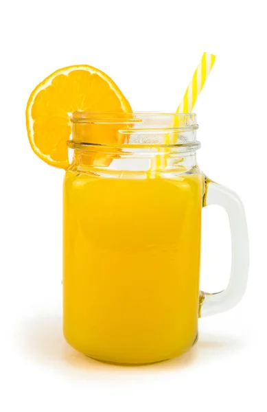 Jar Orange Juice Straw Orange Slice Top Isolated White Background — Stock Photo, Image