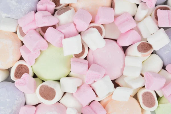 Top View Different Types Marshmallows Mess Spread Out Table Surface — Stock Photo, Image