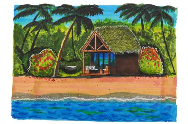 Kumlu bir sahilde küçük bir ev. Yakınlarda bir hamak var. Palmiye ağaçları yetişir.