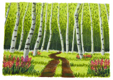 Parlak yeşil yay yapraklı bir huş ağacı. Kırmızı çiçekler yolun soluna ve sağına saçılmış..