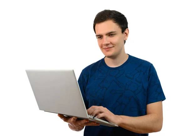 Молодой Привлекательный Мужчина Держит Ноутбук Одной Руке Время Другая Рука — стоковое фото