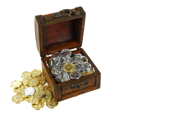 Antique Box Slightly Open Lid Silver Gold Coins Visible Isolated — Stock Photo, Image