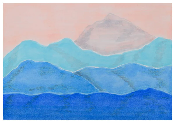 Uzağa uzanan mavi dağ siluetleri. Arka planda yüksek bir dağın zirvesi var. Alkol kalemleriyle yapılmış resim.