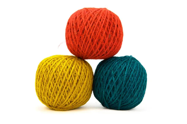 Three Multi Colored Skeins Jute Twine Crocheting Isolated White Background — стоковое фото