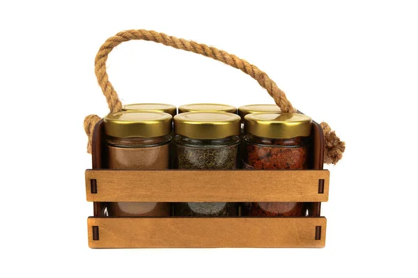 Set Spices Glass Jars Packed Wooden Box Rope Handle Isolated — Stock Fotó