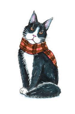 A sketch of a black cat wearing a red striped scarf. Isolated on white background.