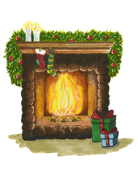 Sketch Burning Fireplace Decorations Packed New Year Gifts Nearby — Foto de Stock