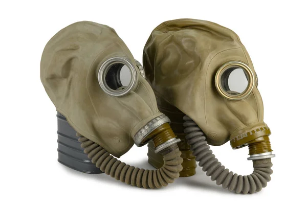 Two Gas Masks Corrugated Tubes Filter Boxes Isolated White Background — Stock Photo, Image