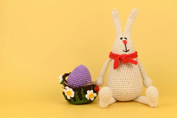 Knitted Easter Bunny Red Scarf Basket Yellow Egg Isolated Yellow — Stock Photo, Image
