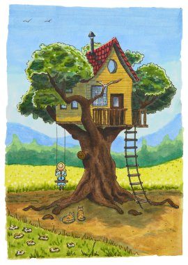 Büyük bir ağacın dallarına inşa edilmiş muhteşem bir ev. Bir ip merdiven evin kapılarına açılıyor..