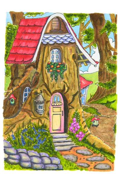 Dom Czerwonym Dachówką Zbudowany Dużym Starym Pniu Drzewa Kolorowe Kwiaty — Zdjęcie stockowe
