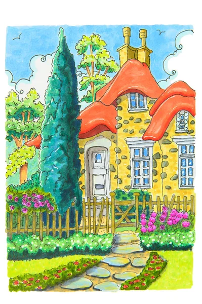 Сказочный Двухэтажный Дом Красной Крышей Окруженный Цветущим Садом Высокие Деревья — стоковое фото