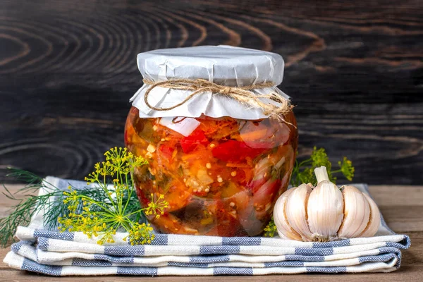 Homemade Pickled Cherry Tomatoes Garlic Eggplant Red Peppers Jars Wooden — Stock Photo, Image