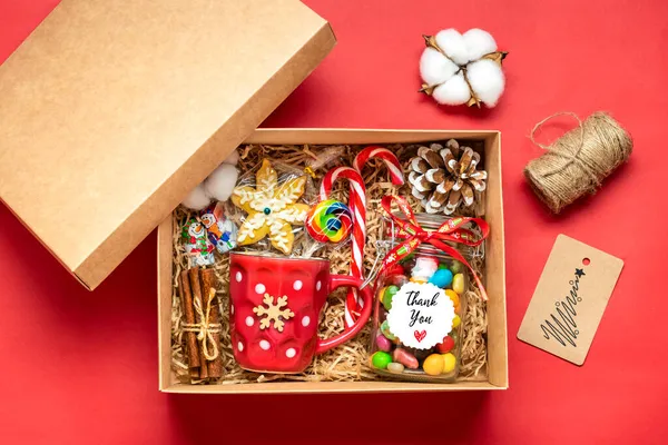 Handmade Care Package Seasonal Gift Box Candies Gingerbread Xmas Decor — Stock Photo, Image