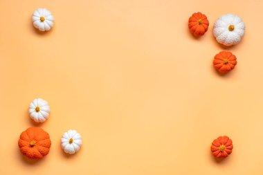 Turuncu, beyaz, turuncu balkabağı bej arka planda izole edilmiş. Üst manzara. Merhaba sonbahar, mutlu Şükran Günü kartı..