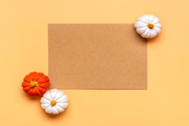 Turuncu, beyaz, turuncu balkabağı ve akçaağaç yaprakları bej arka planda izole edilmiş. Üst manzara. Merhaba sonbahar, mutlu şükran günü konsepti..