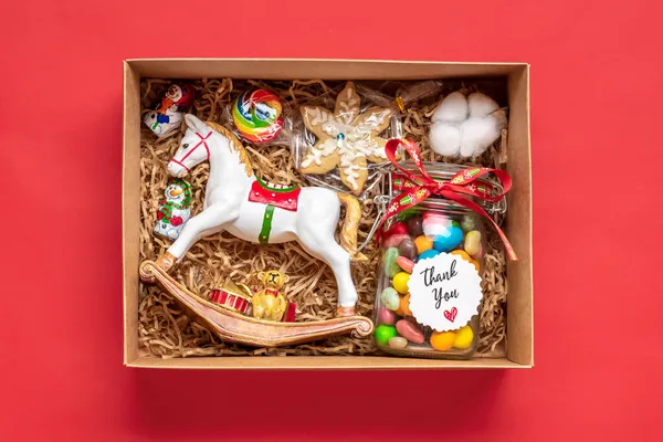 Handmade Care Package Seasonal Gift Box Candies Gingerbread Xmas Decor — Stock Photo, Image