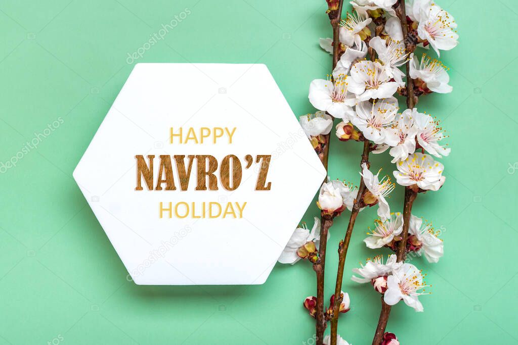 Sprigs of the apricot tree with flowers and Text Happy Nowruz Holiday Concept of spring came Top view Flat lay Hello march, april, may, persian new year.