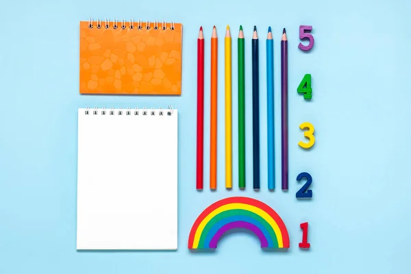 Frame School Office Supplies Paper Shit Colorful Pencils Eraser Rainbow — Fotografia de Stock