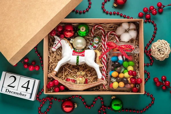 Handmade Care Package Seasonal Gift Box Candies Toys Xmas Decor — Stock Photo, Image
