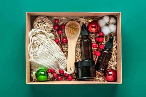 Set Care Box Eco Friendly Cosmetics Oil Cream Bottles Brush — Stock Photo, Image