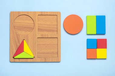 Set of shape Montessori style toys Children wooden eco friendly logic games for preschool kids Playthings for baby development. Collection of educational elements for early childhood development.