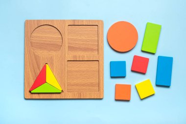 Set of shape Montessori style toys Children wooden eco friendly logic games for preschool kids Playthings for baby development. Collection of educational elements for early childhood development.
