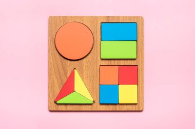 Set of shape Montessori style toys Children wooden eco friendly logic games for preschool kids Playthings for baby development. Collection of educational elements for early childhood development.
