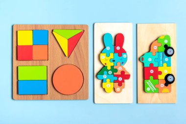 Set of shape Montessori style toys Children wooden eco friendly logic games for preschool kids Playthings for baby development. Collection of educational elements for early childhood development.