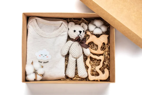 Gift Basket Gender Neutral Baby Garment Accessories Care Box Organic — Stock Photo, Image