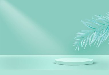 Silindir podyum yeşili ve ürün yaprak arka planı.
