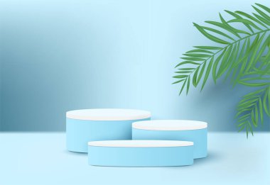 Yaprak arkaplanlı gerçekçi mavi podyum.