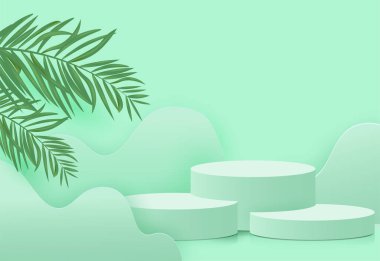 Stand-show ürünleri yaprak arka planına sahip birinci sınıf podyum sahnesi.