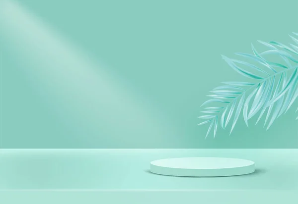 Silindir podyum yeşili ve ürün yaprak arka planı.