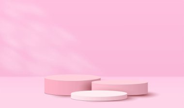 Premium show 3d pink podium cylinder pedestal with light shadow background.